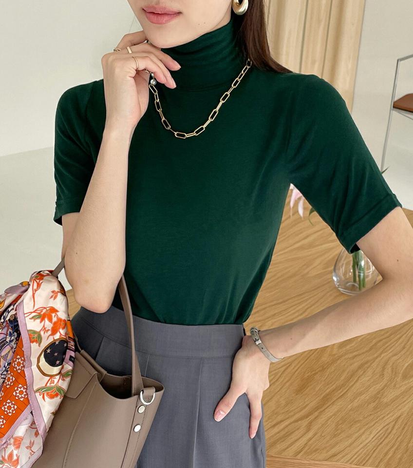 ハイネック半袖Tシャツ・t72567 レディース 【tops】トップス Tシャツ 半袖 ハイネック 単色 無地 シンプル ベーシック タイト 細身 スリム 春 夏 フェミニン 大人 かわいい 可愛い レーヨン混 茶色 韓国ファッション ハイホリHIHOLLI