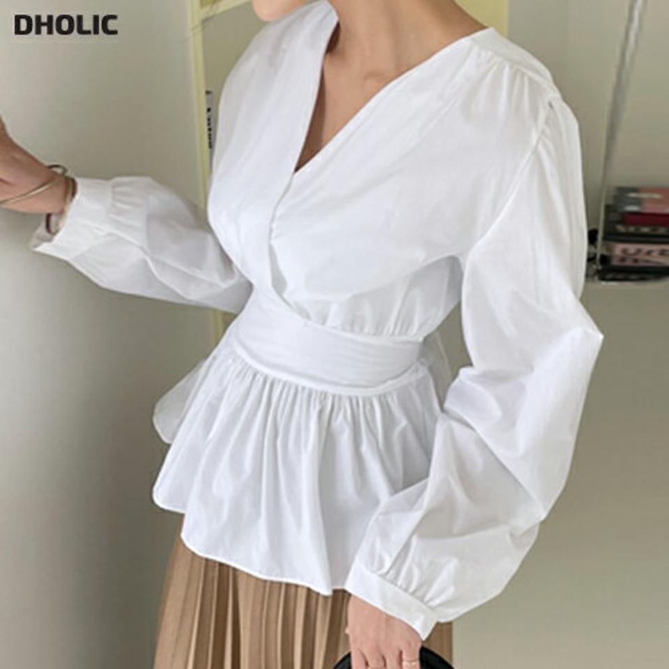 カシュクールペプラムブラウス・t72574 レディース 【bl】ブラウス トップス 長袖 ウエストマーク カシュクール Vネック デコルテ パフ袖 パフスリーブ お腹カバー 春 夏 秋 フェミニン きれいめ 白 ホワイト インしないブラウス 韓国ファッション ハイホリHIHOLLI