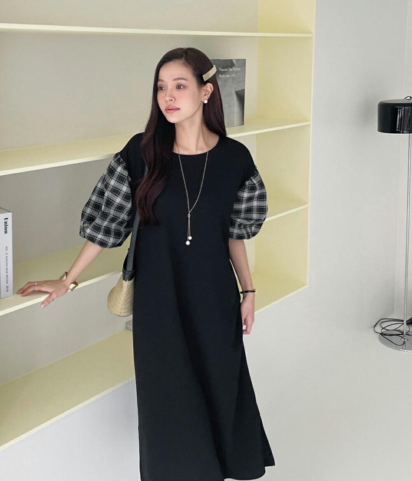 チェックパフスリーブワンピース・t72575 レディース 【ops】ワンピース ロング丈 パフ袖 パフスリーブ 柄 模様 チェック 異素材 柄 模様 ロングワンピース 体型カバー ゆったり 楽ちん 春 夏 フェミニン 韓国ファッション 人気 ハイホリHIHOLLI