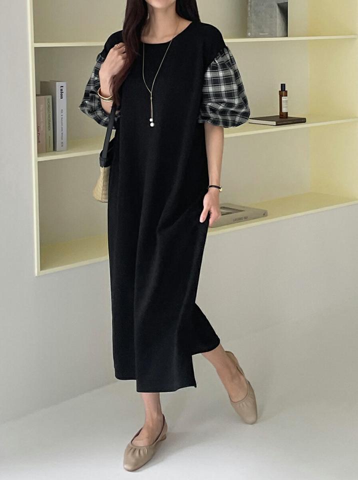 チェックパフスリーブワンピース・t72575 レディース 【ops】ワンピース ロング丈 パフ袖 パフスリーブ 柄 模様 チェック 異素材 柄 模様 ロングワンピース 体型カバー ゆったり 楽ちん 春 夏 フェミニン 韓国ファッション 人気 ハイホリHIHOLLI