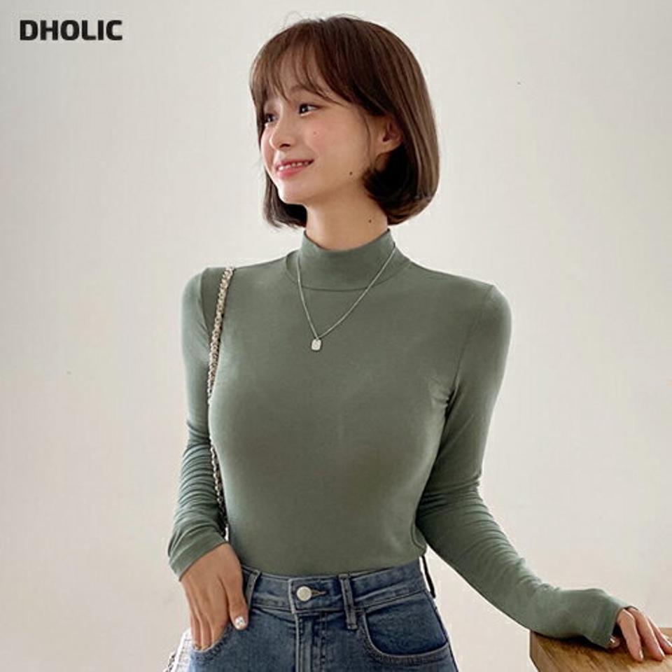 ハーフネックTシャツ・t01617 レディース 【tops】トップス 長袖 ロンT ハーフネック Tシャツ 単色 無地 シンプル ベーシック カジュアル くすみ タイト スリム カーキ 緑 春 秋 冬 韓国ファッション