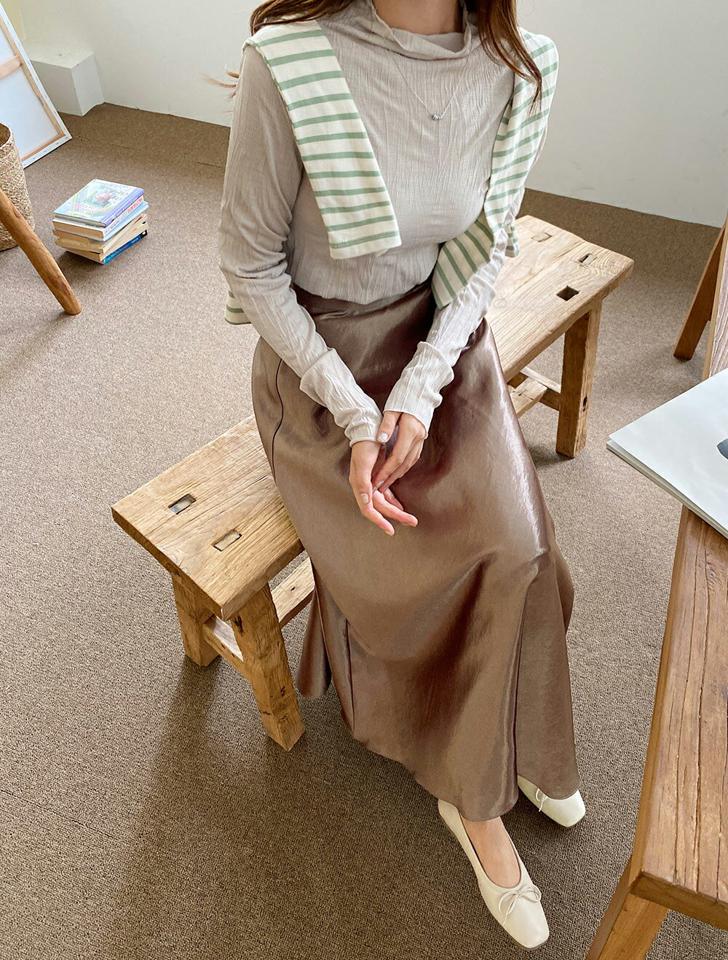 ハーフネックリンクルTシャツ・t01618 レディース 【tops】トップス Tシャツ 長袖 リンクル シワ ロンT ハーフネック 単色 無地 シンプル カジュアル 大人 春 秋 韓国ファッション