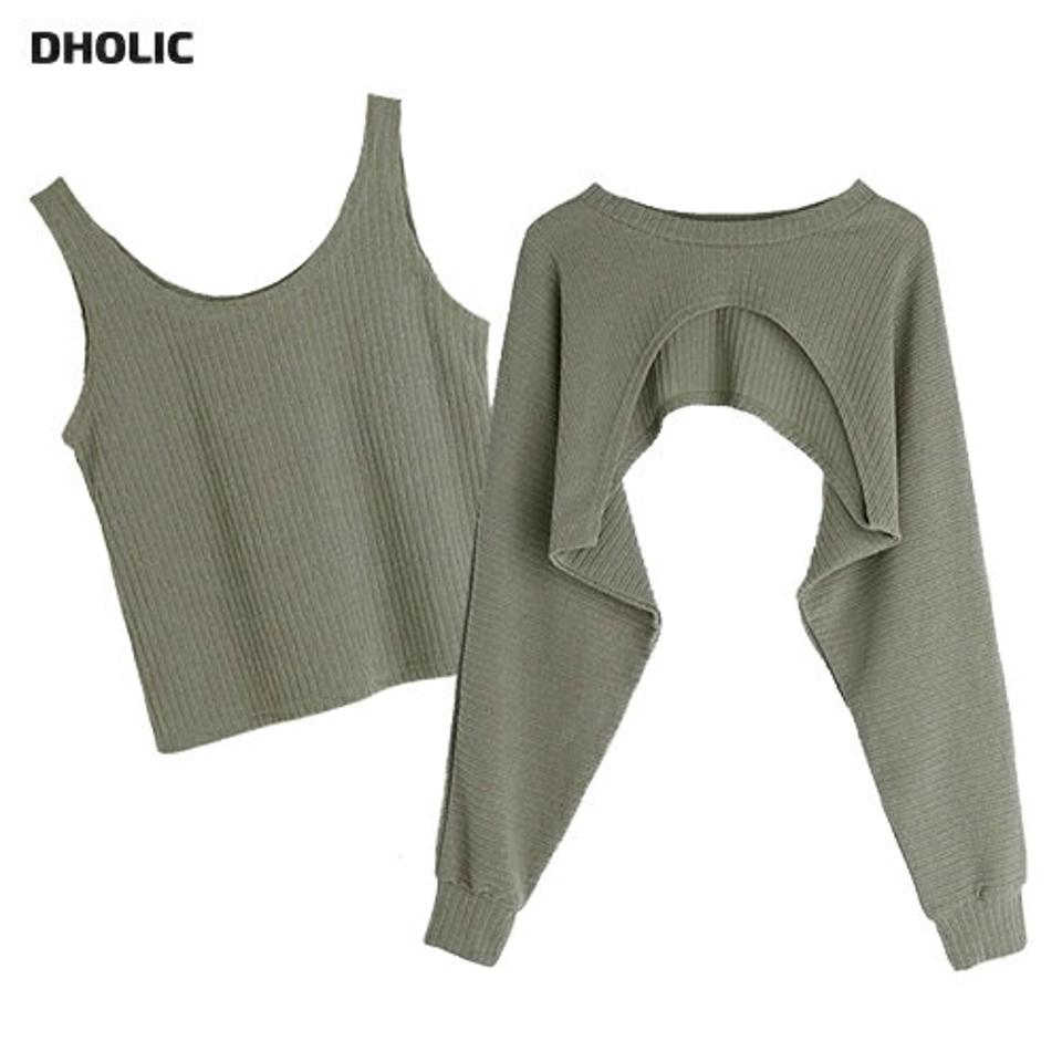 タンクトップ&アンバランスTシャツSET・t01651 レディース 【tops】トップス Tシャツ アンサンブル セット 長袖 タンクトップ スリーブレス ノースリーブ クロップド丈 ドルマンスリーブ カーキ 単色 無地 カジュアル 春 秋 韓国ファッション 人気