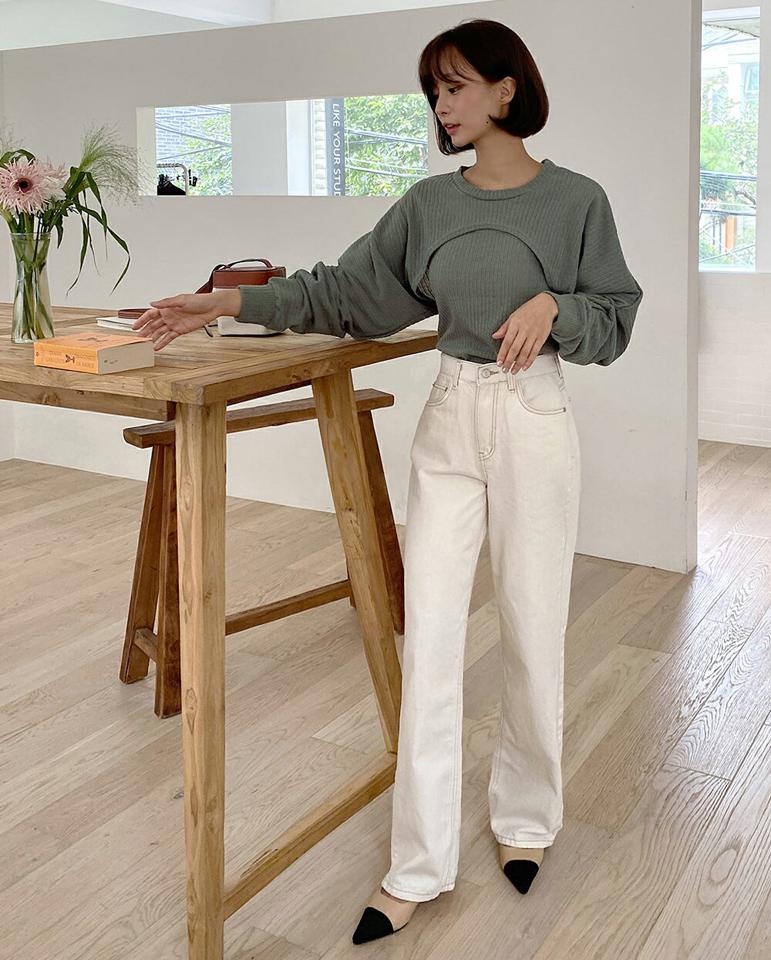 タンクトップ&アンバランスTシャツSET・t01651 レディース 【tops】トップス Tシャツ アンサンブル セット 長袖 タンクトップ スリーブレス ノースリーブ クロップド丈 ドルマンスリーブ カーキ 単色 無地 カジュアル 春 秋 韓国ファッション 人気