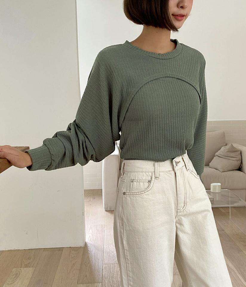 タンクトップ&アンバランスTシャツSET・t01651 レディース 【tops】トップス Tシャツ アンサンブル セット 長袖 タンクトップ スリーブレス ノースリーブ クロップド丈 ドルマンスリーブ カーキ 単色 無地 カジュアル 春 秋 韓国ファッション 人気