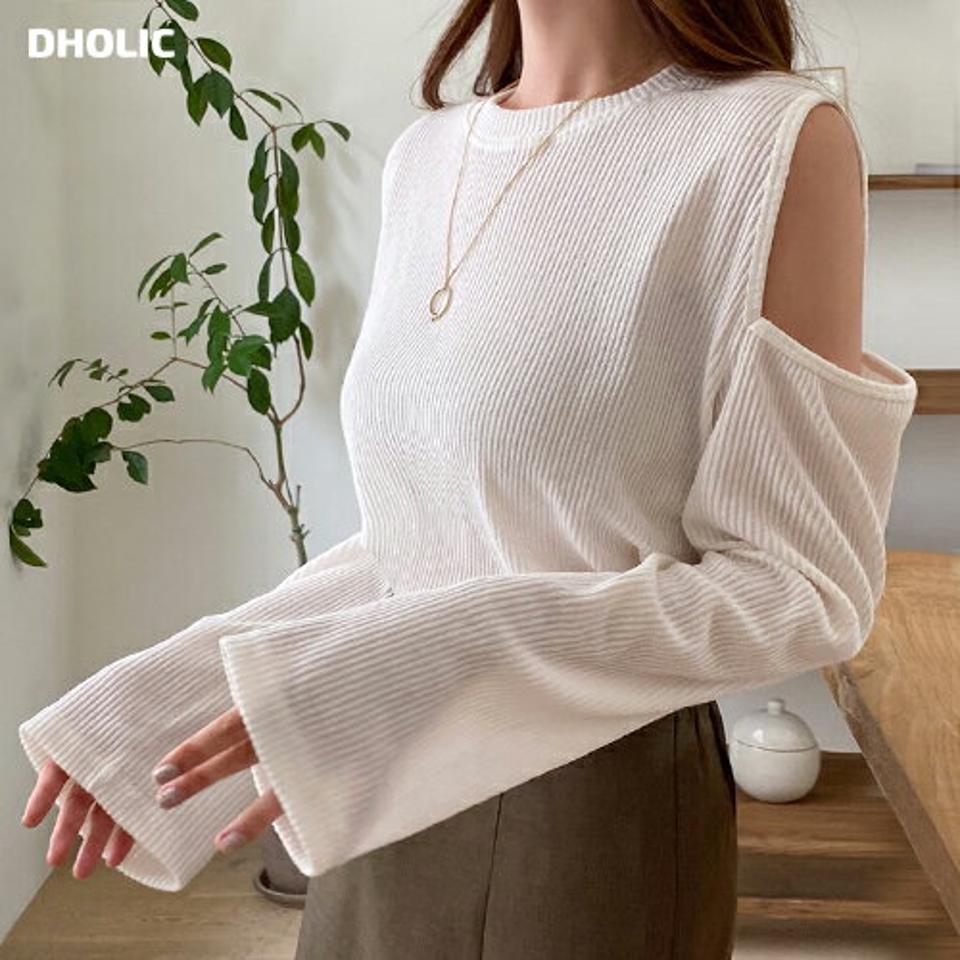 オープンショルダーTシャツ・t01621 レディース 【tops】トップス Tシャツ 長袖 オープンショルダー 肩出し 露出 セクシー リブ ロングスリーブ 袖コン ワイドスリーブ ラウンドネック 単色 無地 シンプル カジュアル 春 秋 韓国ファッション