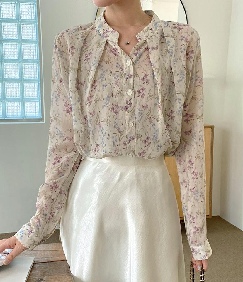 【マラソン特価】花柄タックボタンブラウス・b01652 レディース 【bl】トップス ブラウス 長袖 花柄 タック フェミニン かわいい 大人 上品 きれいめ 透け感 シアー シースルー ギャザー バンドカラー タック 春 秋 韓国ファッション 人気