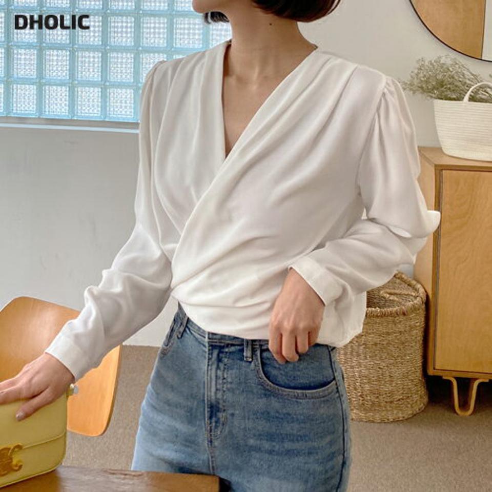 Vネックリボンラップブラウス・t01627 レディース 【bl】トップス ブラウス 長袖 Vネック ラップデザイン きれいめ 上品 シンプル 大人 オフィスカジュアル パフスリーブ 単色 無地 白 ホワイト 春 秋 韓国ファッション