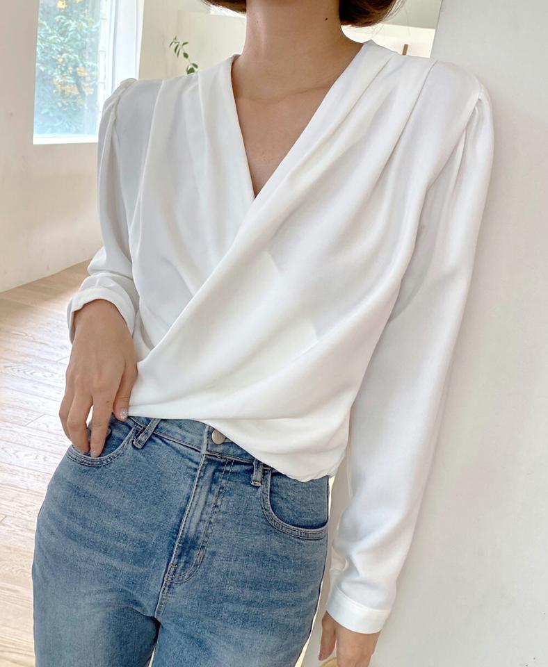 Vネックリボンラップブラウス・t01627 レディース 【bl】トップス ブラウス 長袖 Vネック ラップデザイン きれいめ 上品 シンプル 大人 オフィスカジュアル パフスリーブ 単色 無地 白 ホワイト 春 秋 韓国ファッション