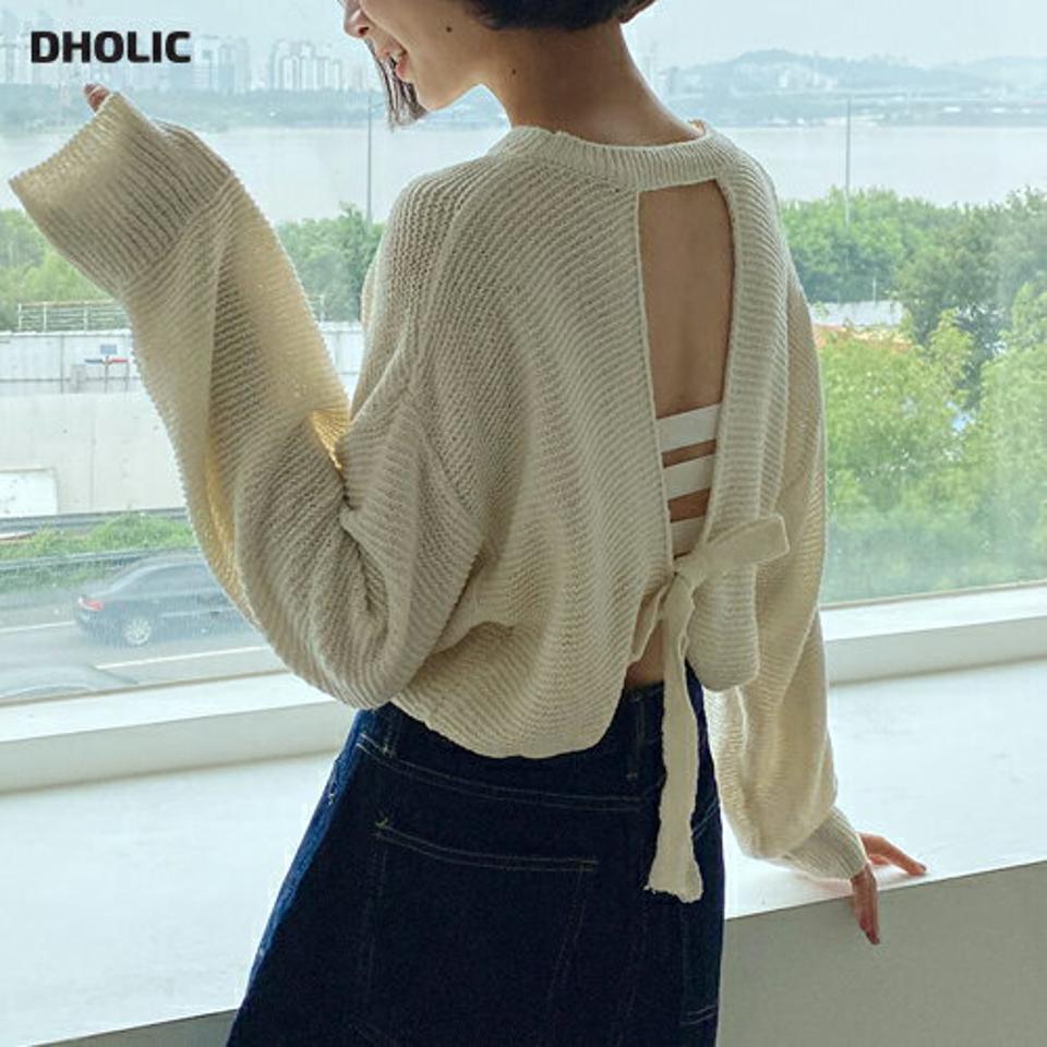 バックスリットリボンニット・t01628 レディース 【tops】トップス ニット 長袖 バックスリット 背中見せ 露出 セクシー ラウンドネック 単色 無地 シンプル カジュアル りぼん ドロップショルダー クロップド丈 春 秋 韓国ファッション
