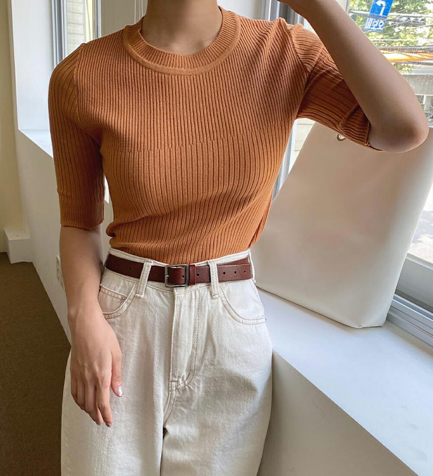 ラウンドネック半袖リブニット・b01629 レディース 【tops】トップス ニット 半袖 ハーフスリーブ リブ ラウンドネック 単色 無地 シンプル ベーシック カジュアル サマーニット 春 夏 韓国ファッション