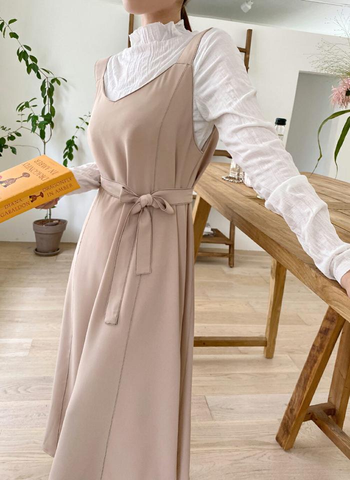 ストラップ付ステッチノースリワンピース・t01631 レディース 【ops】ワンピース ロング丈 スリーブレス ノースリーブ ステッチ ストラップ フレア 単色 無地 シンプル レイヤード フェミニン 大人 Aライン 春 秋 韓国ファッション 人気