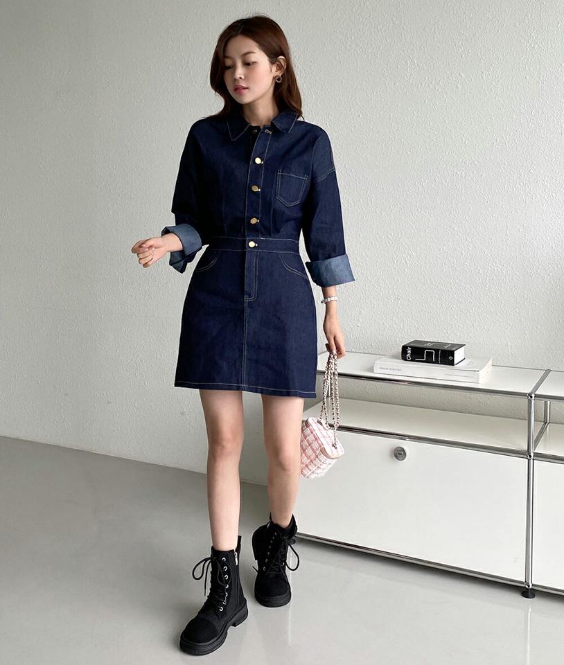 デニムシャツミニワンピース・t01654 レディース 【ops】ワンピース ショート丈 シャツワンピース デニム 長袖 襟 濃い シンプル ウエスト カジュアル かわいい ミニワンピース Hライン ドロップショルダー 骨格ストレート 春 秋 韓国ファッション 人気