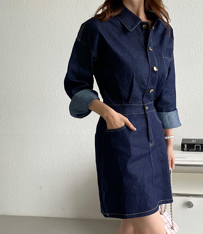 デニムシャツミニワンピース・t01654 レディース 【ops】ワンピース ショート丈 シャツワンピース デニム 長袖 襟 濃い シンプル ウエスト カジュアル かわいい ミニワンピース Hライン ドロップショルダー 骨格ストレート 春 秋 韓国ファッション 人気