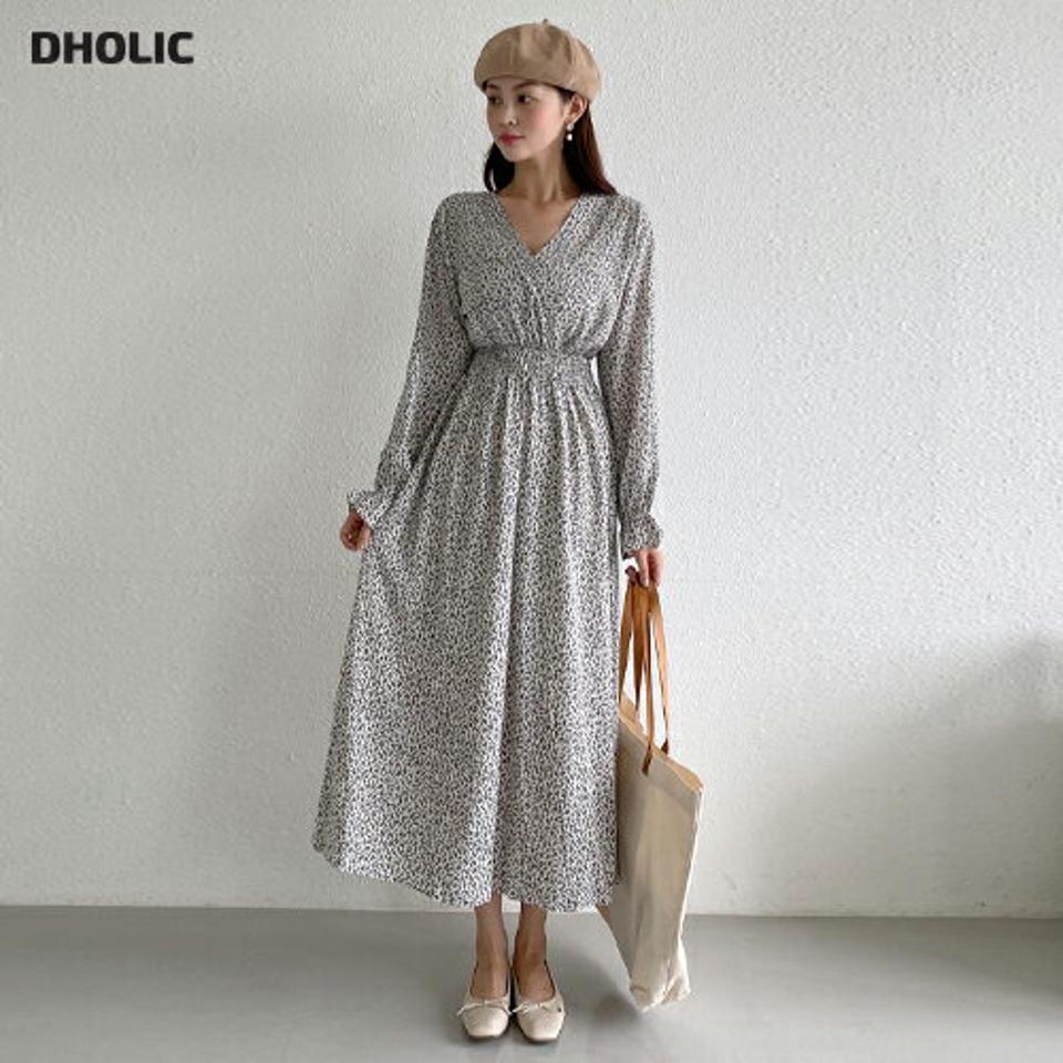 小花柄シャーリングワンピース・t01634 レディース 【ops】ワンピース ロング丈 長袖 シャーリング 小花柄 花柄 フェミニン フレア カシュクール Vネック Aライン 春 秋 韓国ファッション