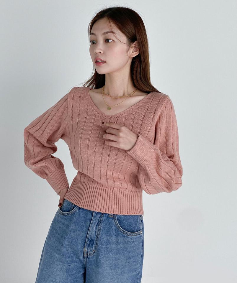 Vネック長袖ニット・t67136 レディース 【tops】トップス ニット 年上 長袖 Vネック リブ 単色 無地 シンプル ベーシック 大人 ピンク くすみ アクリルニット カラーニット プルオーバー 春 秋 骨格ストレート 韓国ファッション