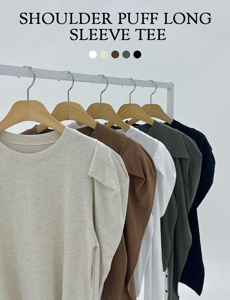 パフスリーブTシャツ・t67133 レディース 【tops】トップス Tシャツ 長袖 ロンT パフスリーブ ラウンドネック 単色 無地 シンプル かわいい 可愛い ブラウン 茶色 ボリューム袖 袖コン 春 秋 韓国ファッション