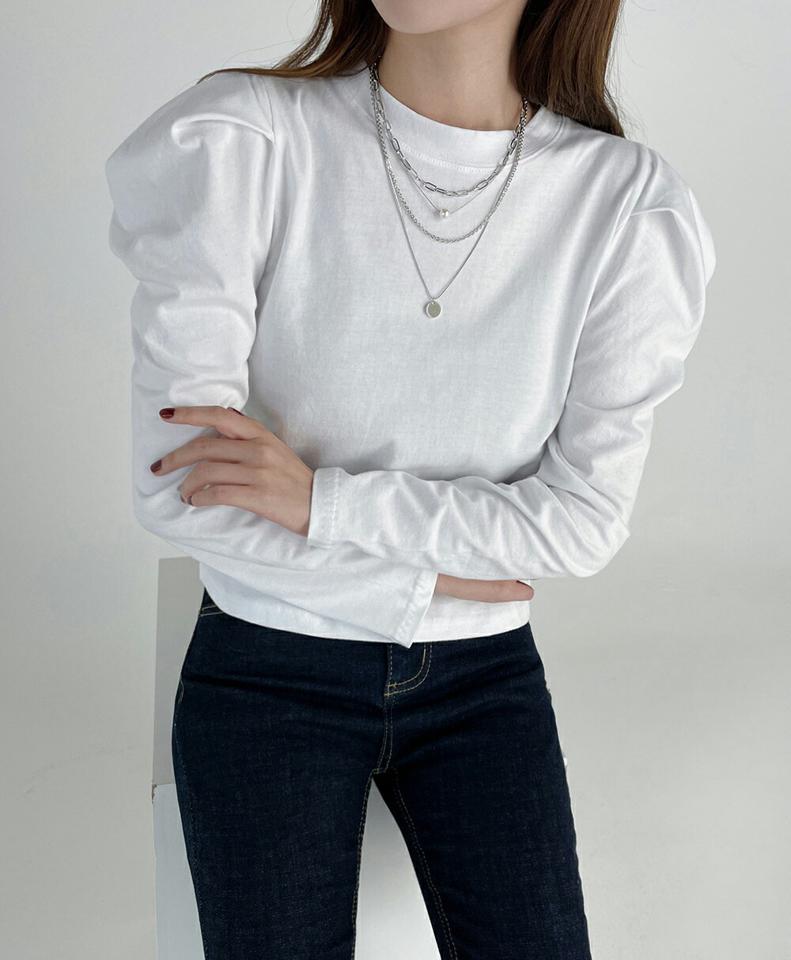 パフスリーブTシャツ・t67133 レディース 【tops】トップス Tシャツ 長袖 ロンT パフスリーブ ラウンドネック 単色 無地 シンプル かわいい 可愛い ブラウン 茶色 ボリューム袖 袖コン 春 秋 韓国ファッション