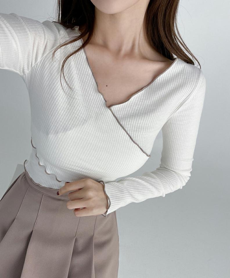 メロウ配色クロスTシャツ・t67140 レディース 【tops】トップス Tシャツ 長袖 メロウ クロス Vネック 肌見せ へそ出し 配色 シンプル アンバランス クロップド丈 インしない ショート丈 クロップド丈 短丈 春 秋 韓国ファッション