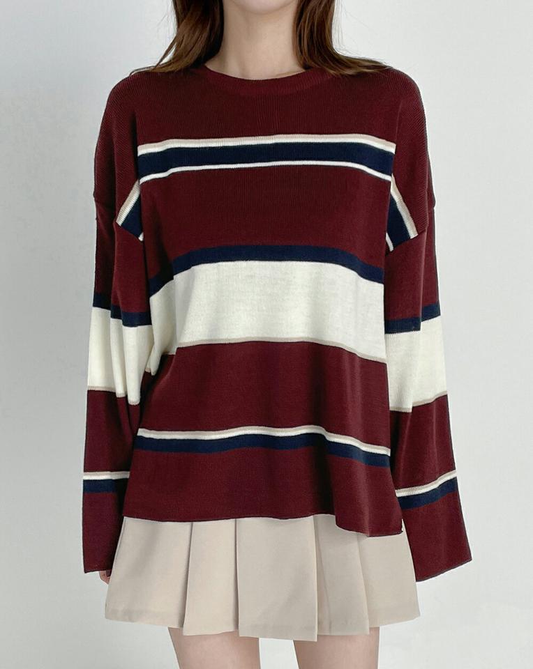 マルチ配色ボーダーニット・t67142 レディース 【tops】トップス ニット 長袖 ボーダー柄 マルチボーダー 配色 カジュアル ラウンドネック 袖コン ワイドスリーブ ロングスリーブ アクリルニット カラーニット ドロップショルダー 春 秋 韓国ファッション