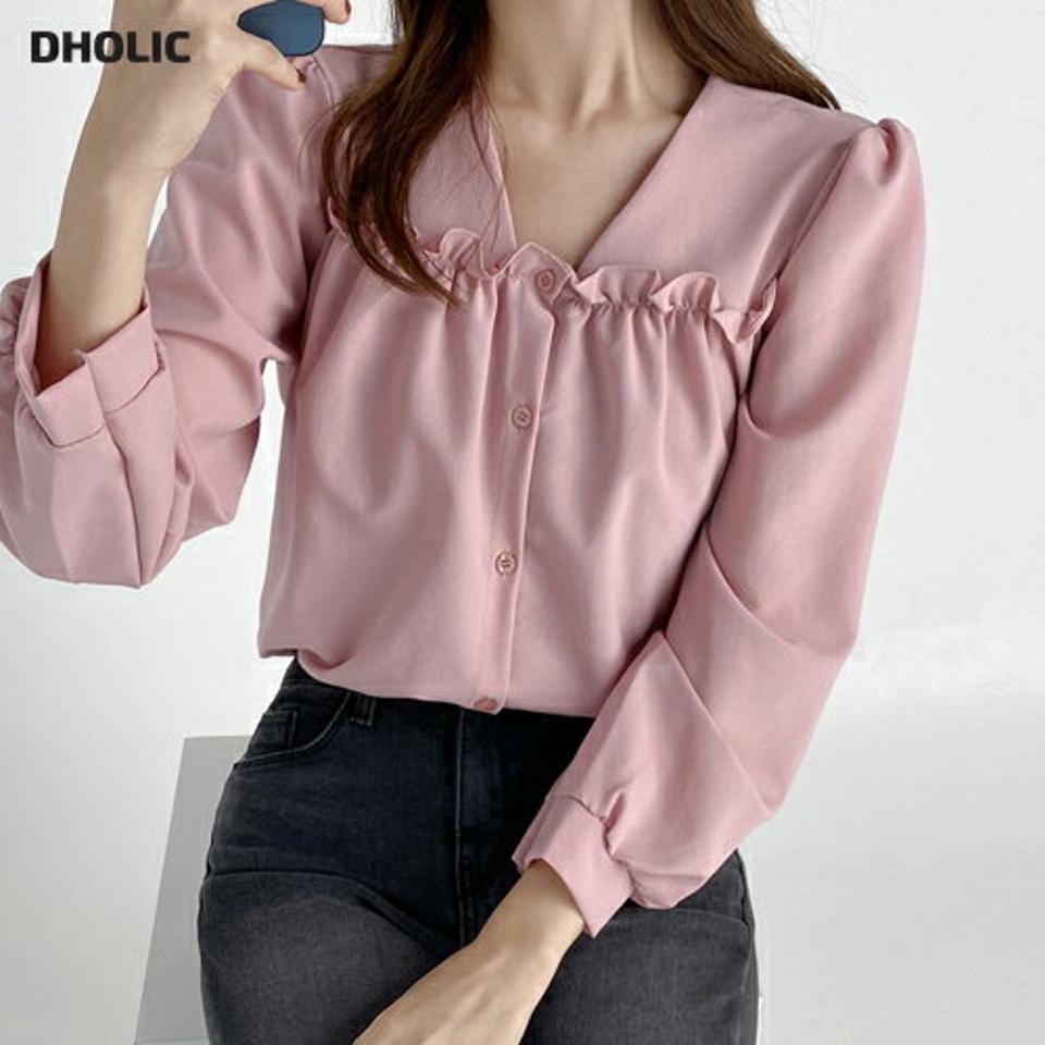 フリルVネックパフブラウス・t67162 レディース 【bl】トップス ブラウス 長袖 パフスリーブ ネック フリル パフスリーブ フェミニン オフィスカジュアル きれいめ かわいい 大人 ピンク 春 秋 人気 韓国ファッション