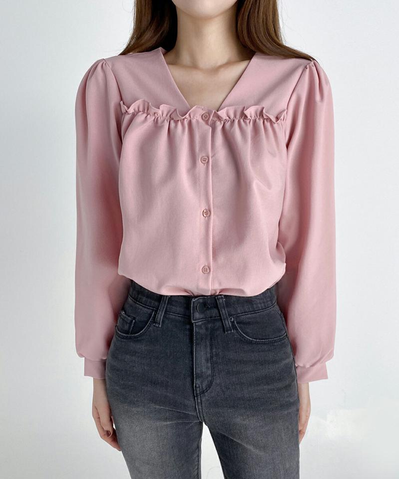 フリルVネックパフブラウス・t67162 レディース 【bl】トップス ブラウス 長袖 パフスリーブ ネック フリル パフスリーブ フェミニン オフィスカジュアル きれいめ かわいい 大人 ピンク 春 秋 人気 韓国ファッション