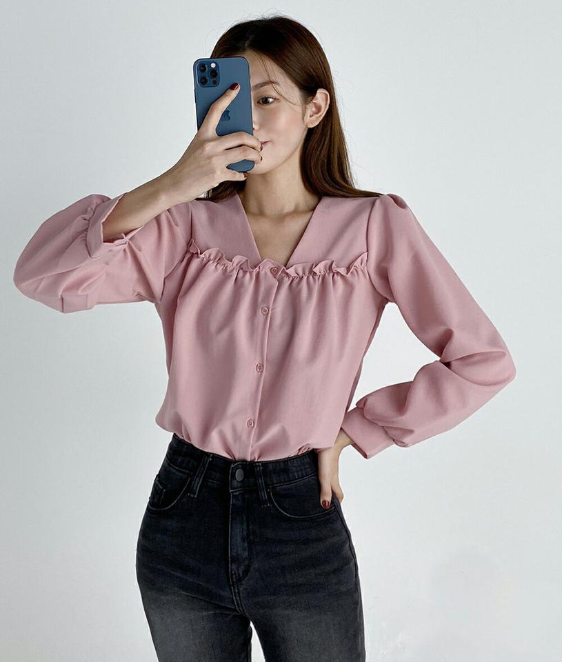 フリルVネックパフブラウス・t67162 レディース 【bl】トップス ブラウス 長袖 パフスリーブ ネック フリル パフスリーブ フェミニン オフィスカジュアル きれいめ かわいい 大人 ピンク 春 秋 人気 韓国ファッション