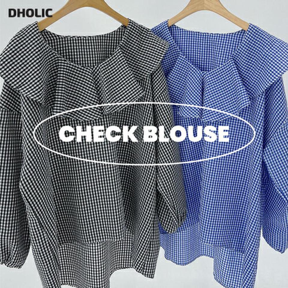 リンクルラッフルチェックブラウス・b67163 レディース 【bl】トップス ブラウス 長袖 大きい襟 フリル ガーリー チェック柄 ギンガムチェック ラッフル リンクル かわいい 爽やか 青 ブルー デコラティブ インしない 春 秋 韓国ファッション