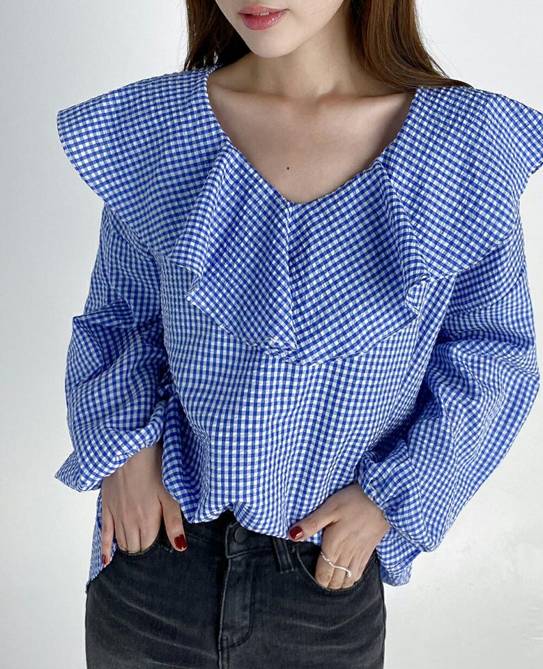 リンクルラッフルチェックブラウス・b67163 レディース 【bl】トップス ブラウス 長袖 大きい襟 フリル ガーリー チェック柄 ギンガムチェック ラッフル リンクル かわいい 爽やか 青 ブルー デコラティブ インしない 春 秋 韓国ファッション