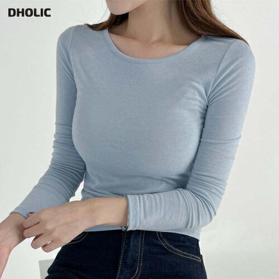 バックスリットクロップドTシャツ・t67132 レディース 【tops】トップス Tシャツ 長袖 ロンT 単色 無地 シンプル 背中見せ セクシー クロップド丈 短丈 水色 タイト スリム 大人 ラウンドネック 春 秋 韓国ファッション