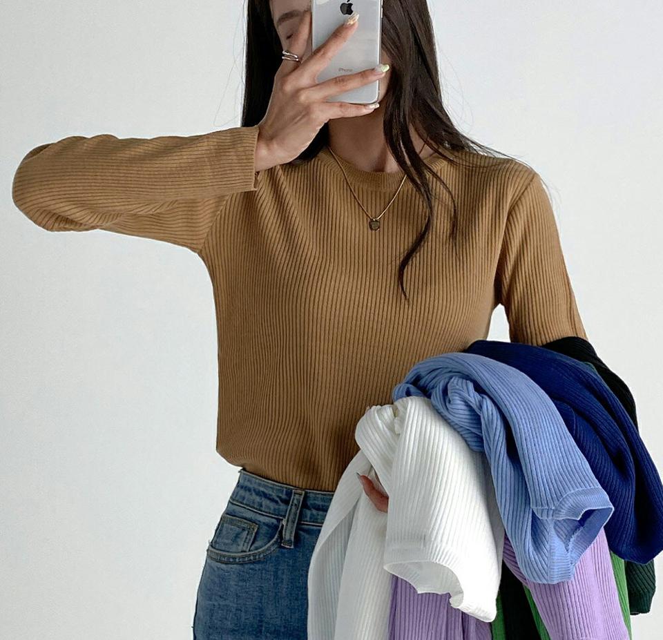 ≪人気商品再入荷≫リブラウンドニット・t68482 レディース 【tops】トップス ニット 年上 長袖 ラウンドネック リブ 単色 無地 シンプル ベーシック 大人 青 水色 紫 緑 黄色 アクリルニット カラーニット プルオーバー パープル 秋 韓国ファッション