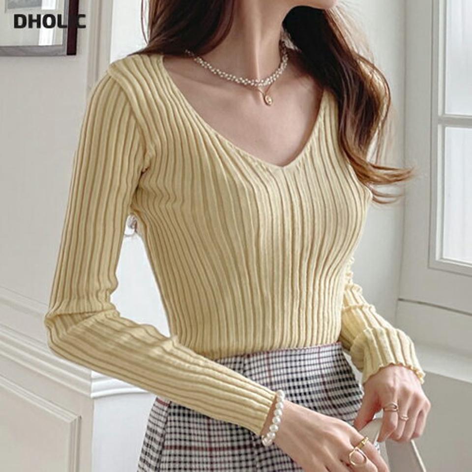 Vネッククロップドリブニット・t01033 レディース 【tops】ニット トップス 長袖 Vネック 鎖骨 デコルテ クロップド丈 単色 リブ スリム 細身 タイト パステル 秋 冬 フェミニン 大人 かわいい カラーニット 黄色 韓国ファッション ハイホリHIHOLLI 年上