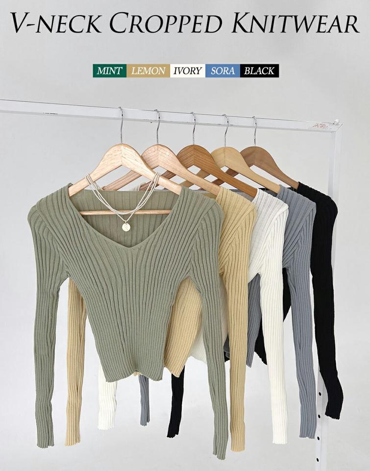 Vネッククロップドリブニット・t01033 レディース 【tops】ニット トップス 長袖 Vネック 鎖骨 デコルテ クロップド丈 単色 リブ スリム 細身 タイト パステル 秋 冬 フェミニン 大人 かわいい カラーニット 黄色 韓国ファッション ハイホリHIHOLLI 年上