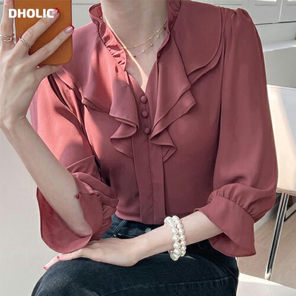 くるみボタンフリルブラウス・t01041 レディース 【bl】ブラウス トップス 七分袖 7分袖 フリル ぼたん ボタン スリットネック 秋 春 フェミニン 上品 きれいめ オフィスカジュアル かわいい 可愛い ガーリー デコラティブ オケージョン 赤 韓国ファッション ハイホリHIHOLLI