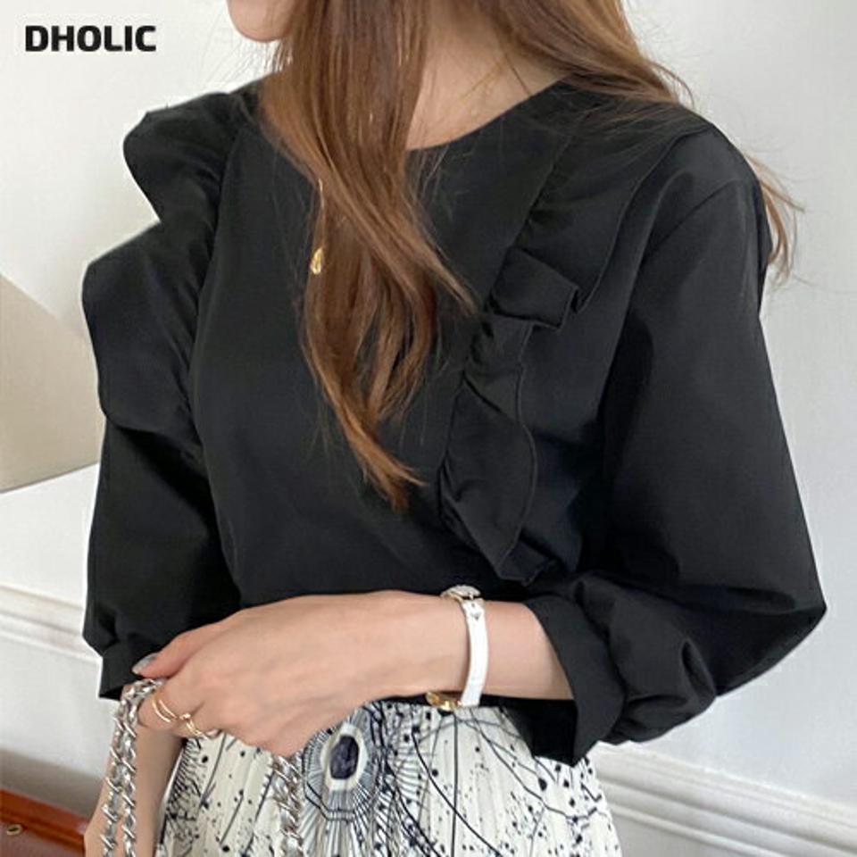 フリルパフブラウス・t01028 レディース 【bl】ブラウス トップス 7分袖 七分袖 フリル パフ袖 パフスリーブ ラウンドネック 単色 無地 シンプル ベーシック 秋 冬 フェミニン キュート ガーリー 黒 ブラック 韓国ファッション ハイホリHIHOLLI 人気
