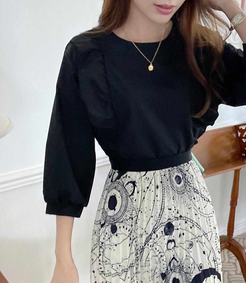 フリルパフブラウス・t01028 レディース 【bl】ブラウス トップス 7分袖 七分袖 フリル パフ袖 パフスリーブ ラウンドネック 単色 無地 シンプル ベーシック 秋 冬 フェミニン キュート ガーリー 黒 ブラック 韓国ファッション ハイホリHIHOLLI 人気