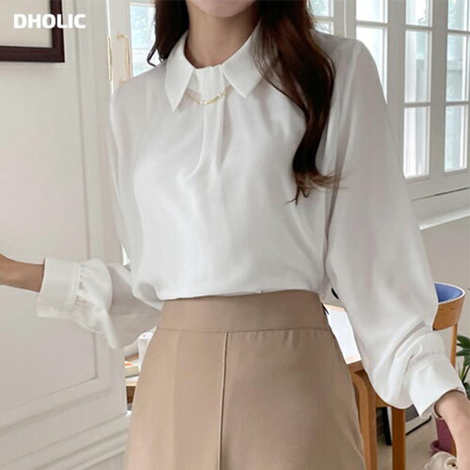 ネックレス付カラーブラウス・t01071 レディース 【bl】ブラウス トップス 長袖 単色 無地 シンプル ベーシック 襟 襟コン タック ネックレス付き オフィスカジュアル 秋 冬 フェミニン 大人 シック 白 ホワイト 韓国ファッション HIHOLLI