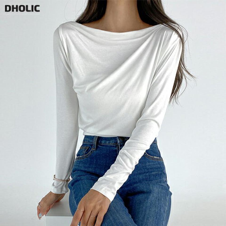 ドレープネックスリムTシャツ・t68474 レディース 【tops】トップス Tシャツ 長袖 ロンT ドレープ 大人 きれいめ 上品 単色 無地 シンプル スリム カジュアル 白T 春 秋 韓国ファッション