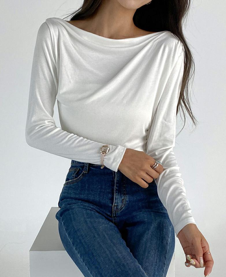 ドレープネックスリムTシャツ・t68474 レディース 【tops】トップス Tシャツ 長袖 ロンT ドレープ 大人 きれいめ 上品 単色 無地 シンプル スリム カジュアル 白T 春 秋 韓国ファッション