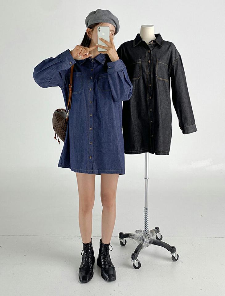 ステッチデニムシャツワンピース・t68488 レディース 【ops】ワンピース ミニ ショート丈 長袖 デニムシャツ シャツワンピース ステッチ 濃い ボタン 単色 シンプル カジュアル 襟 かわいい 春 秋 韓国ファッション