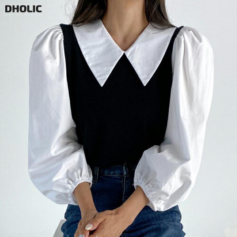 コントラストカラーブラウス・t68479 レディース 【bl】トップス ブラウス 七分袖 7分袖 七分丈 7分袖 リブ 単色 大きい襟 襟コン コントラスト モノトーン パフスリーブ ボリューム袖 袖コン ガーリー かわいい 大人 バイカラー 春 秋 異素材ミックス 韓国ファッション 人気