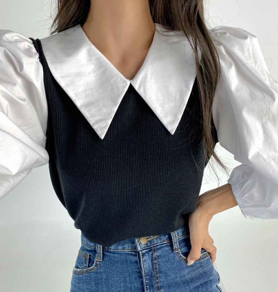 コントラストカラーブラウス・t68479 レディース 【bl】トップス ブラウス 七分袖 7分袖 七分丈 7分袖 リブ 単色 大きい襟 襟コン コントラスト モノトーン パフスリーブ ボリューム袖 袖コン ガーリー かわいい 大人 バイカラー 春 秋 異素材ミックス 韓国ファッション 人気