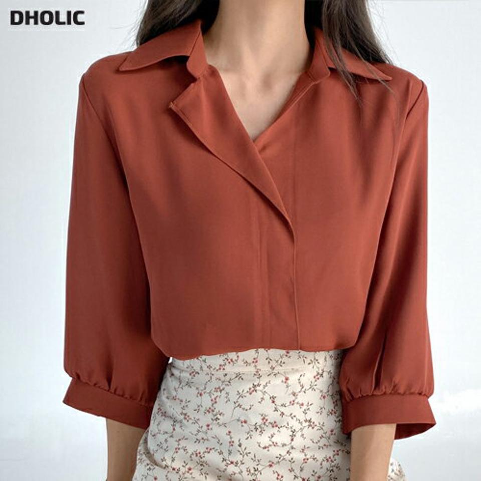 カラーVネック7分袖ブラウス・t68478 レディース 【bl】トップス ブラウス 七分袖 七分丈 7分袖 7分丈 Vネック 単色 無地 シンプル 襟 大人 オフィスカジュアル 通勤 きれいめ シルキー 赤茶 ブラウン テラコッタ 春 秋 韓国ファッション