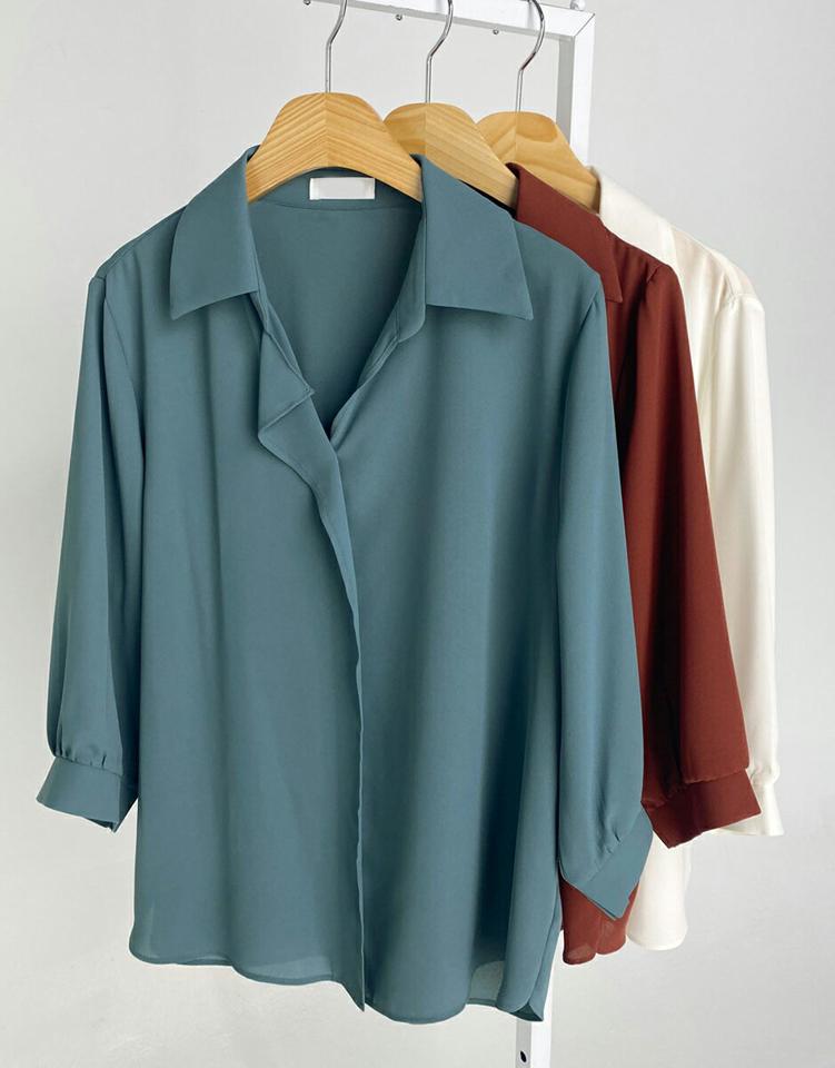 カラーVネック7分袖ブラウス・t68478 レディース 【bl】トップス ブラウス 七分袖 七分丈 7分袖 7分丈 Vネック 単色 無地 シンプル 襟 大人 オフィスカジュアル 通勤 きれいめ シルキー 赤茶 ブラウン テラコッタ 春 秋 韓国ファッション