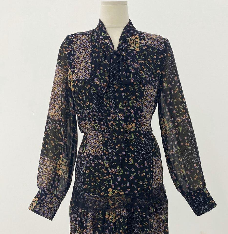 ネックリボンレース花柄ワンピース・b68494 レディース 【ops】ワンピース ロング丈 長袖 レース 花柄 小花柄 フェミニン りぼん ガーリー Aライン フレア 春 秋 韓国ファッション