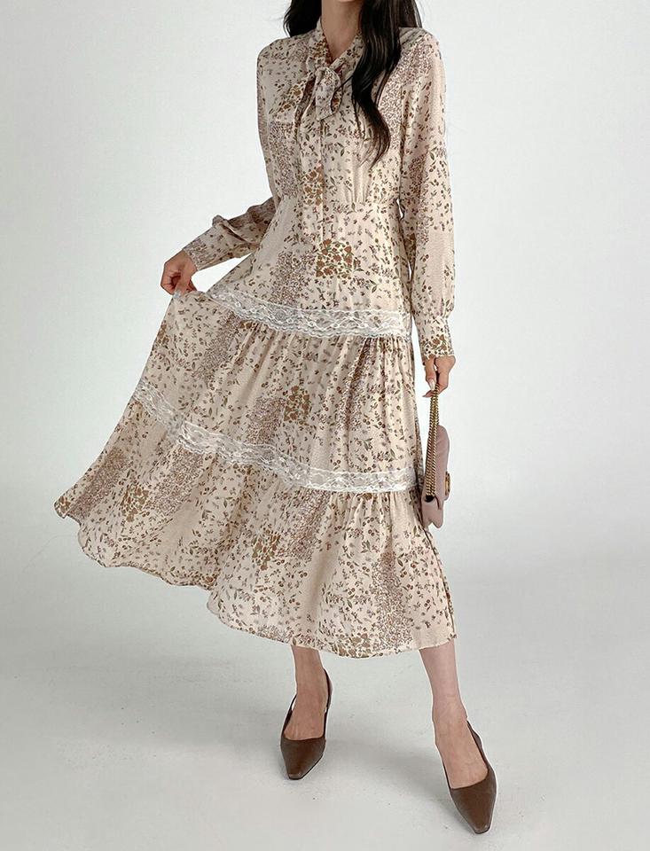 ネックリボンレース花柄ワンピース・b68494 レディース 【ops】ワンピース ロング丈 長袖 レース 花柄 小花柄 フェミニン りぼん ガーリー Aライン フレア 春 秋 韓国ファッション