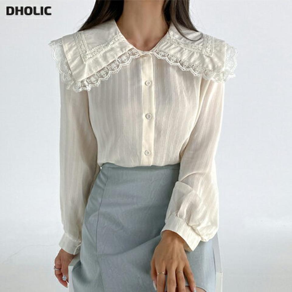 レースビッグカラーブラウス・t68477 レディース 【bl】トップス ブラウス 長袖 大きい襟 襟コン ガーリー レース 単色 無地 白 ホワイト かわいい 可愛い ボタン 透け感 セーラーカラー 春 秋 韓国ファッション