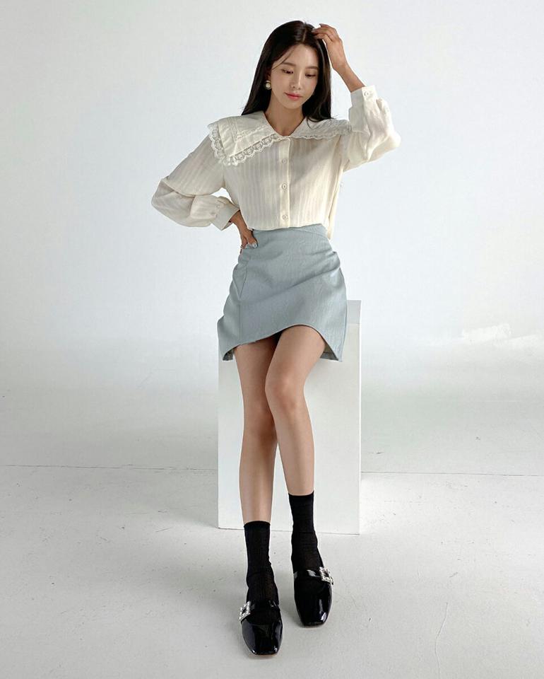 レースビッグカラーブラウス・t68477 レディース 【bl】トップス ブラウス 長袖 大きい襟 襟コン ガーリー レース 単色 無地 白 ホワイト かわいい 可愛い ボタン 透け感 セーラーカラー 春 秋 韓国ファッション