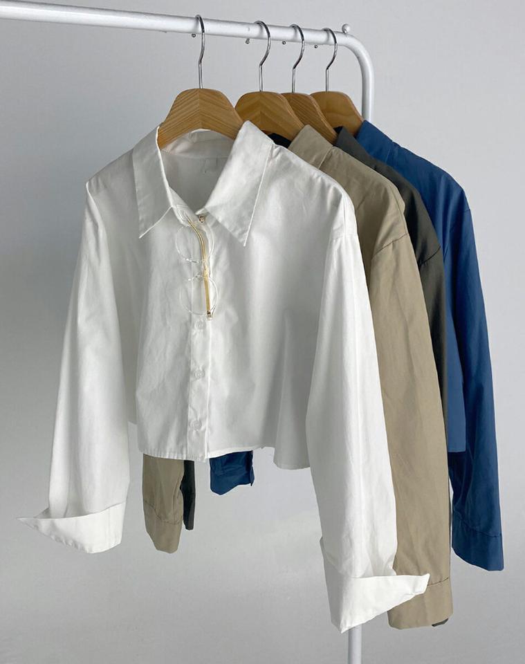 バックスリットストラップシャツ・t68480 レディース 【bl】トップス シャツ 長袖 バックシャン ストラップ 単色 無地 カジュアル コットン 綿 クロップド丈 ドロップショルダー 背中見せ セクシー 露出 肌見せ かわいい 春 秋 韓国ファッション