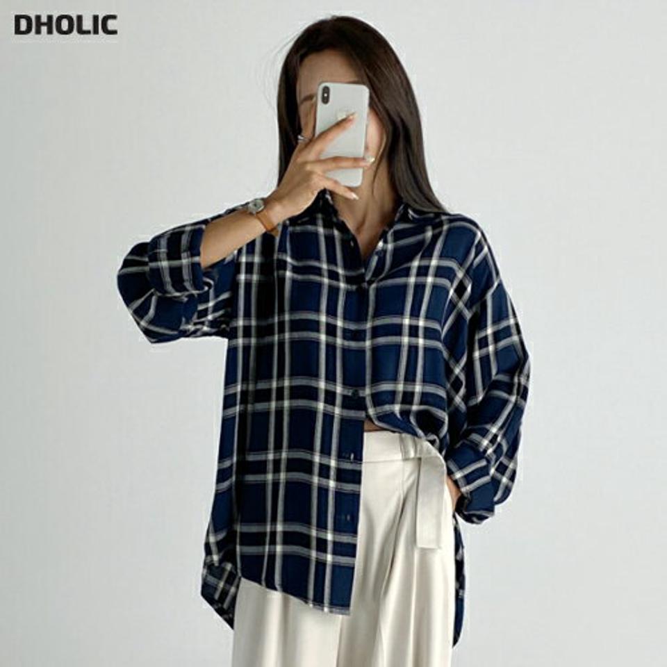 チェックルーズフィットシャツ・t68481 レディース 【bl】トップス シャツ チェック柄 長袖 ルーズ ゆったり アンバランス サイドスリット 青 カジュアル ラフ メンズライク 春 秋 韓国ファッション